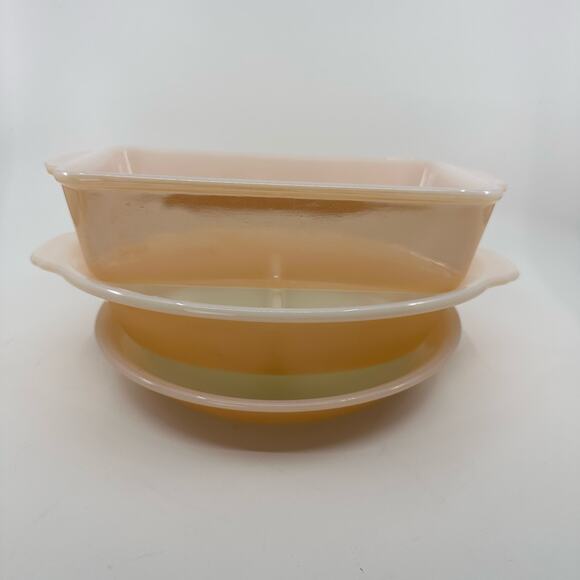 Vintage Fire King 3 Pcs-Bread Loaf Pan/Cake Pan/Split Platter Dish Peach White - Picture 1 of 16